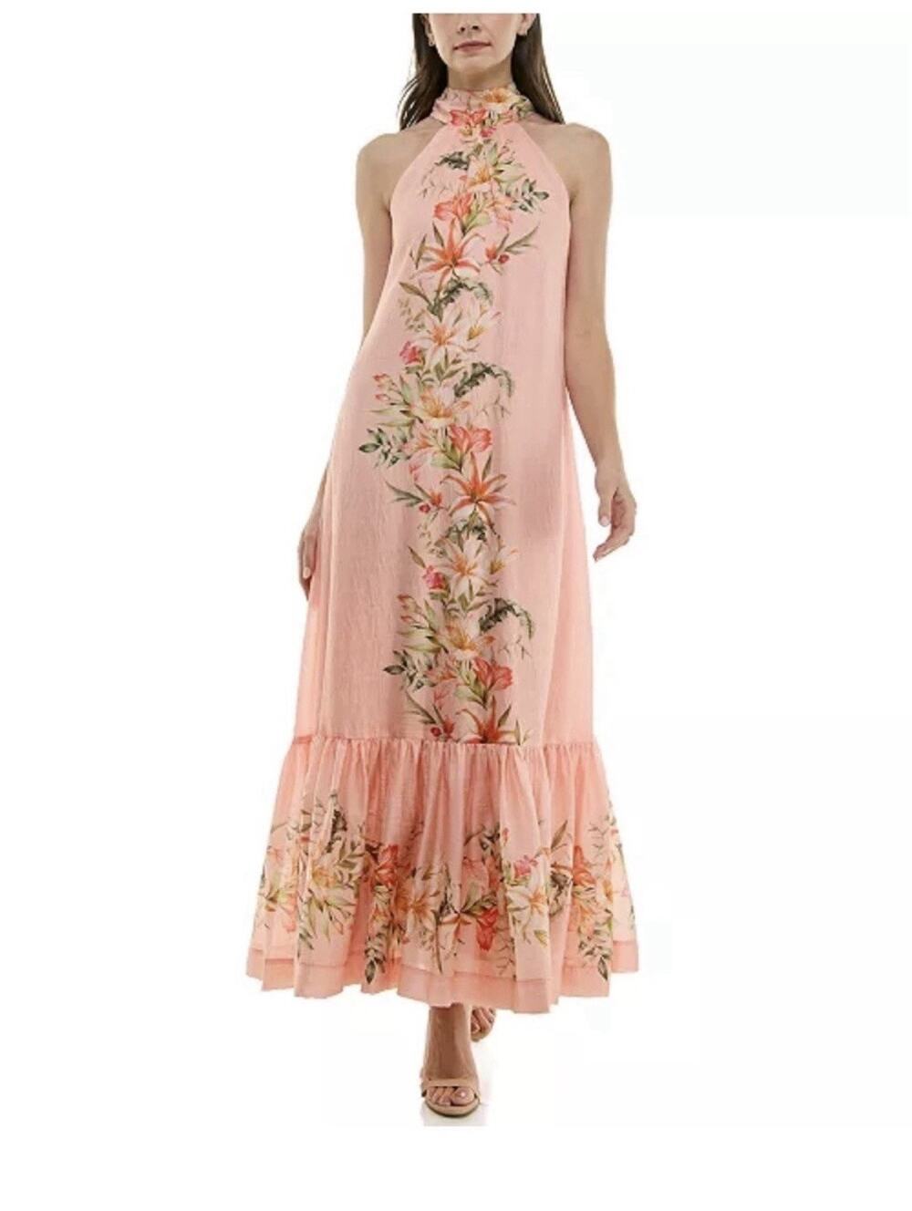 Taylor Floral Halter V-Neck Sleeveless Lined Tiger Lily Maxi Ruffle Hem Sz:4